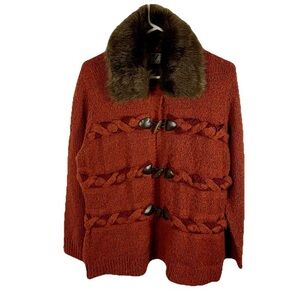 Z Sweater‎ Toggle Buttons Faux Fur Collar Sz L Rust Red Cabincore Fall Cozy